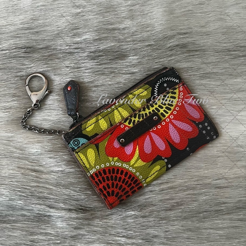 VERA BRADLEY Flower Shower 2014 Key Chain Card Holder Orange Brown Vegan Leather